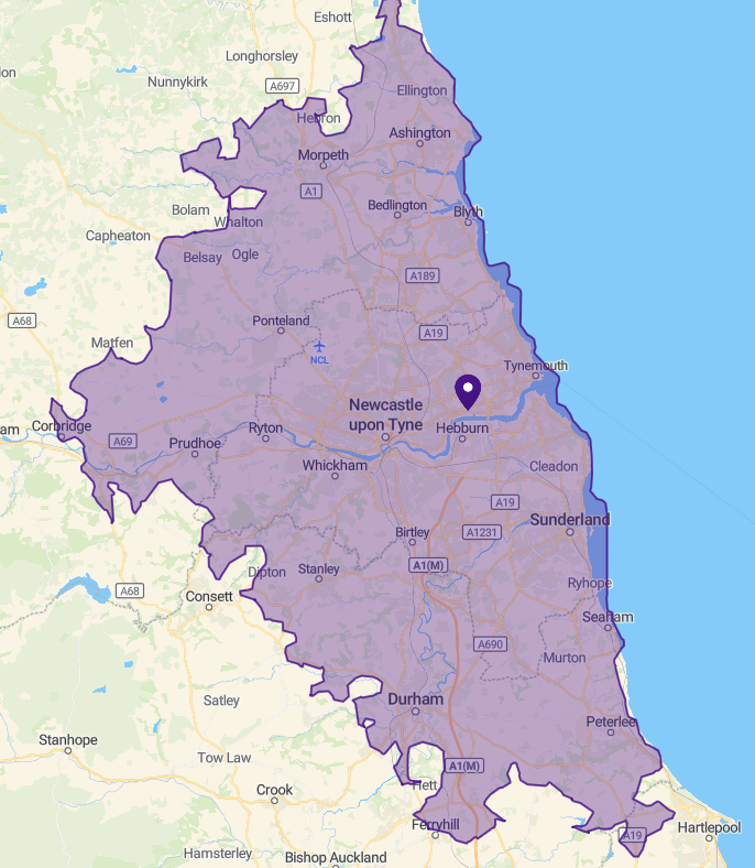 This map shows the area of the North East we (mainly) cover, which is within 30 minutes drive from our North Shields office. Including Newcastle upon Tyne, Sunderland and Durham City we cover all of Tyne and Wear, Southern Northumberland and East Durham